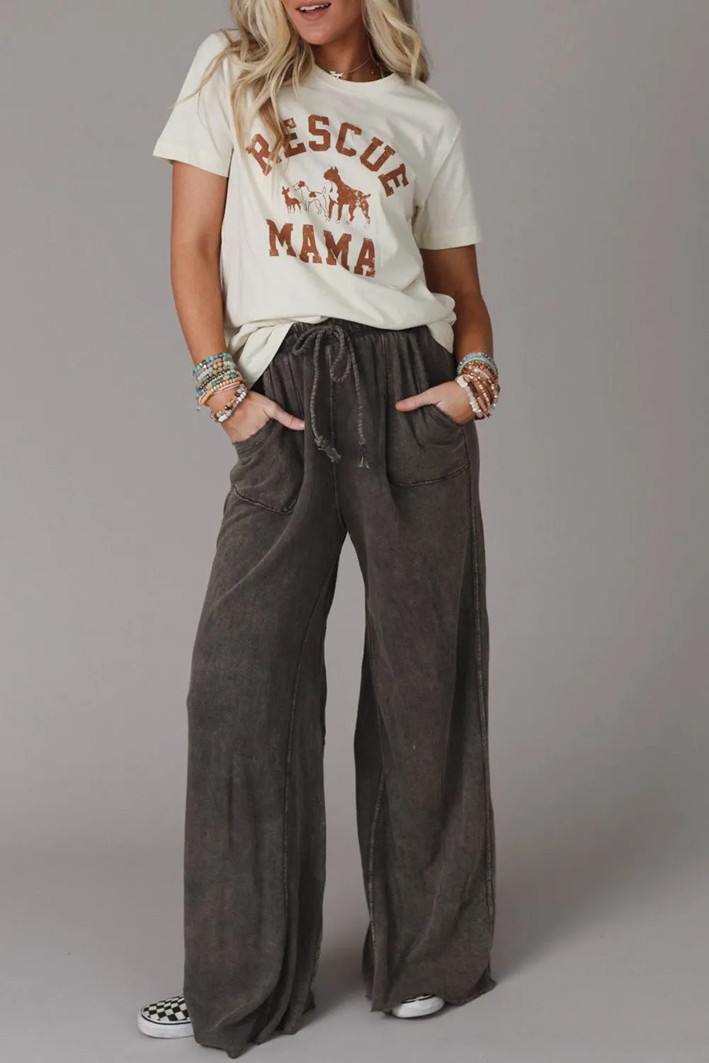 Gray Apricot Mineral Washed Drawstring Retro Wide Leg Pants