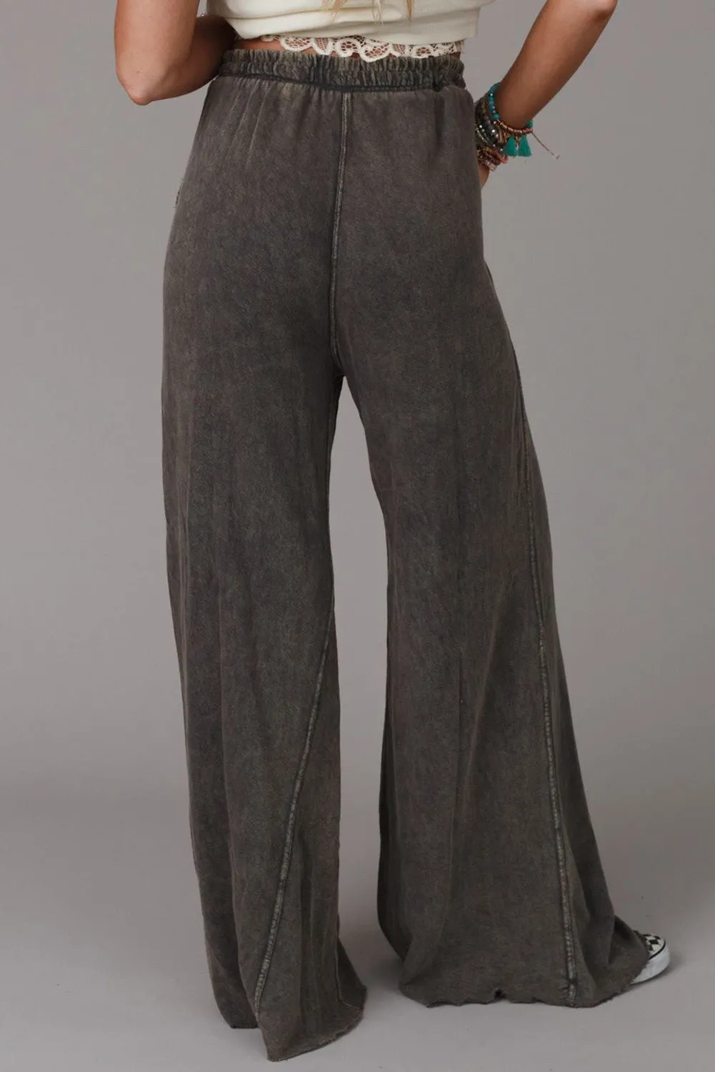 Gray Apricot Mineral Washed Drawstring Retro Wide Leg Pants