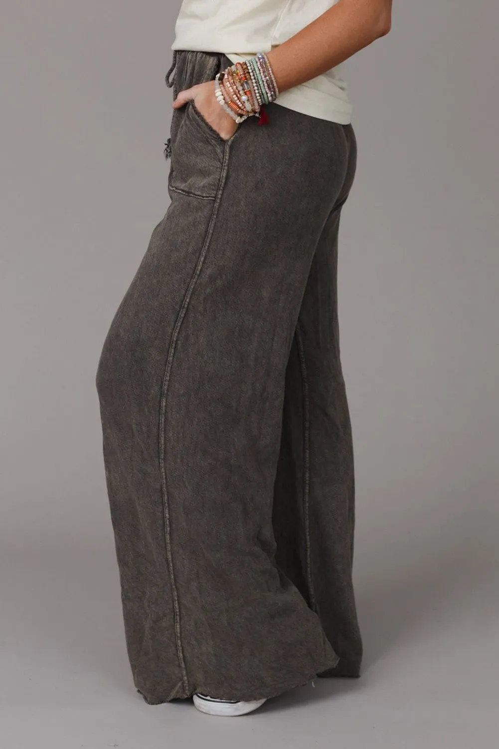 Gray Apricot Mineral Washed Drawstring Retro Wide Leg Pants