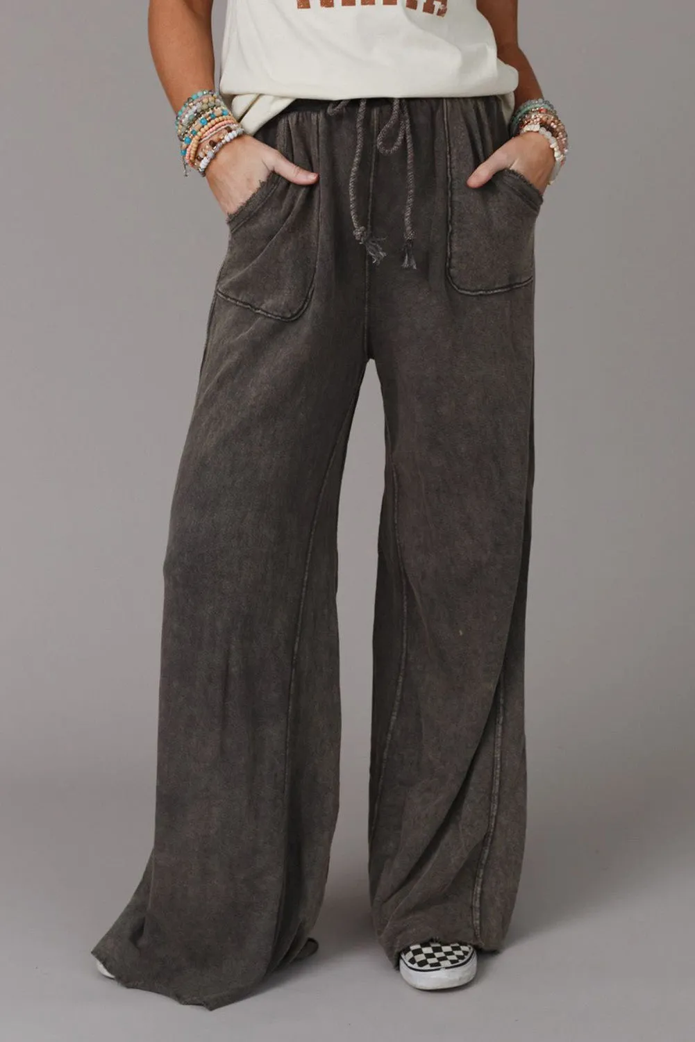 Gray Apricot Mineral Washed Drawstring Retro Wide Leg Pants