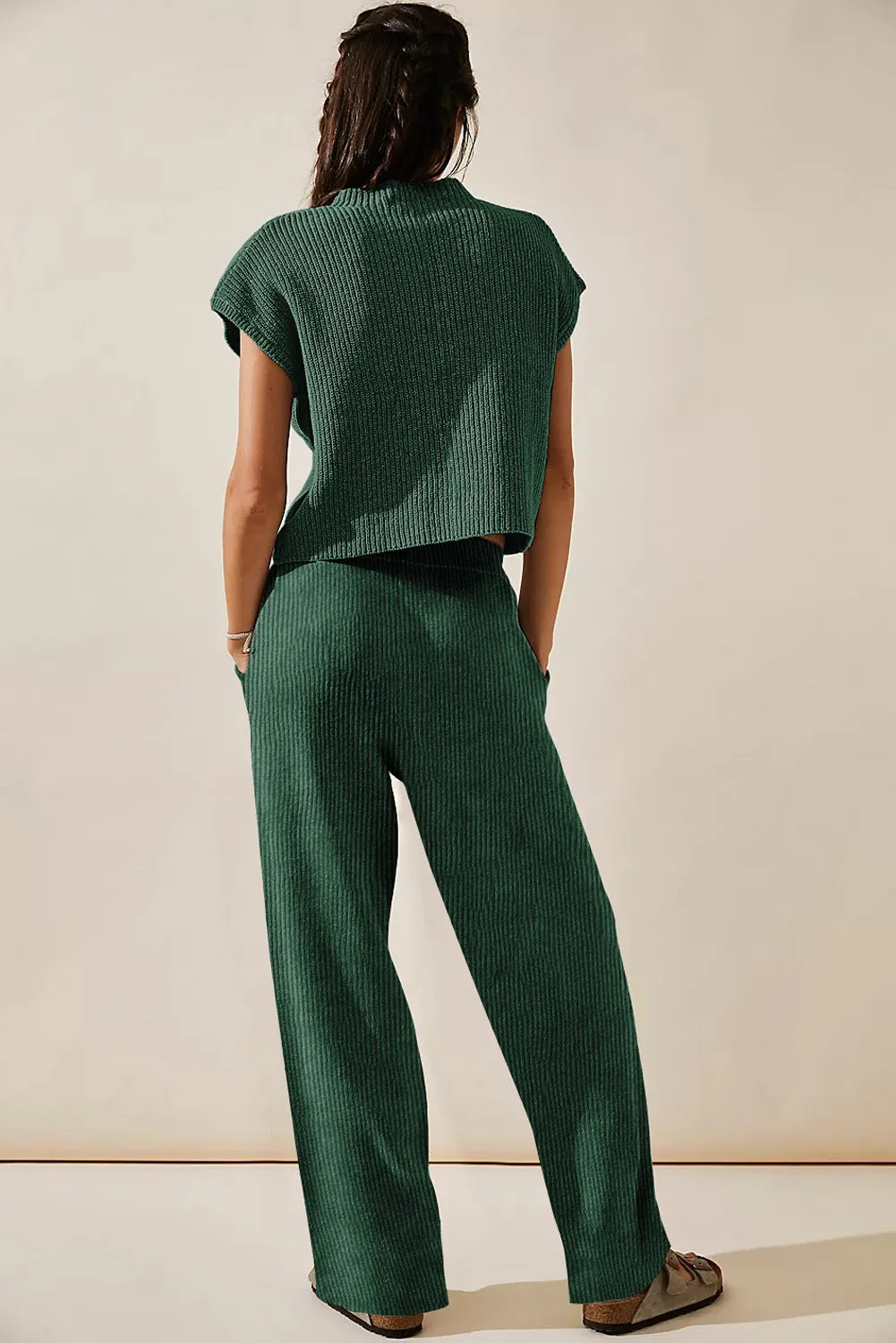 Green Knitted V Neck Sweater and Casual Pants Set