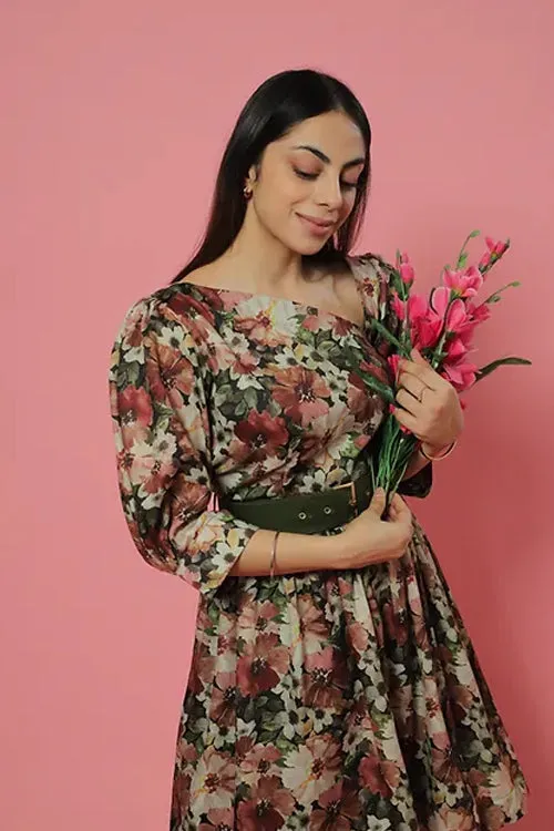 Green Pastel Floral Summer Midi Dress With Belt