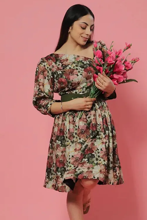 Green Pastel Floral Summer Midi Dress With Belt