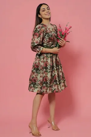 Green Pastel Floral Summer Midi Dress With Belt