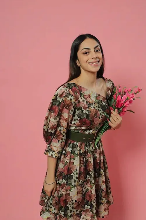 Green Pastel Floral Summer Midi Dress With Belt