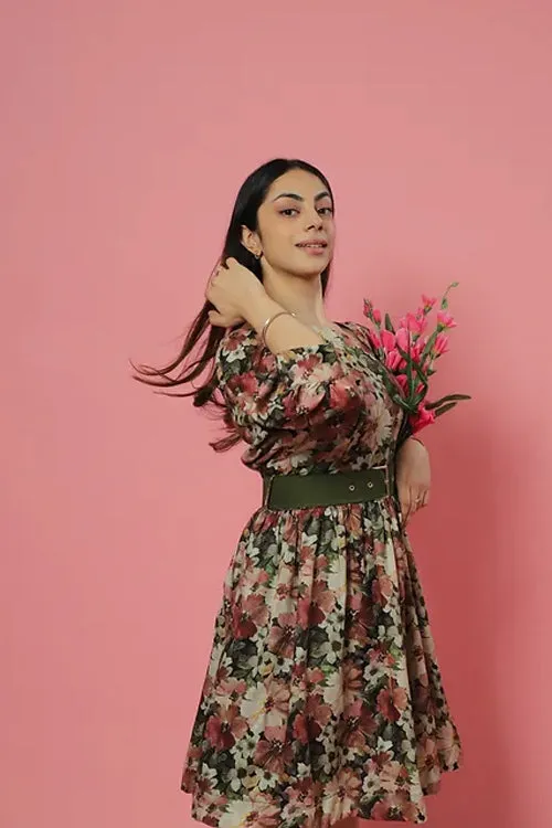 Green Pastel Floral Summer Midi Dress With Belt