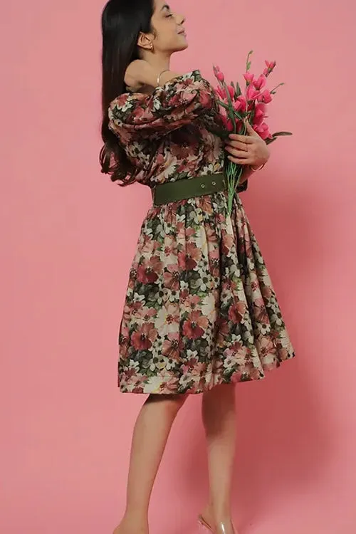 Green Pastel Floral Summer Midi Dress With Belt