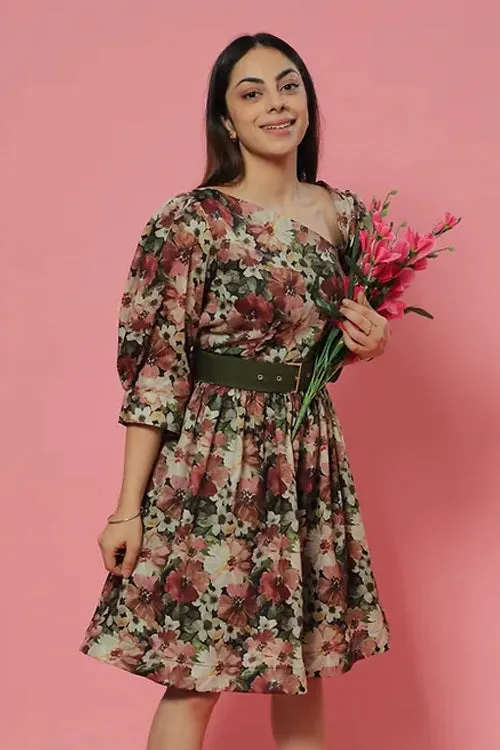 Green Pastel Floral Summer Midi Dress With Belt
