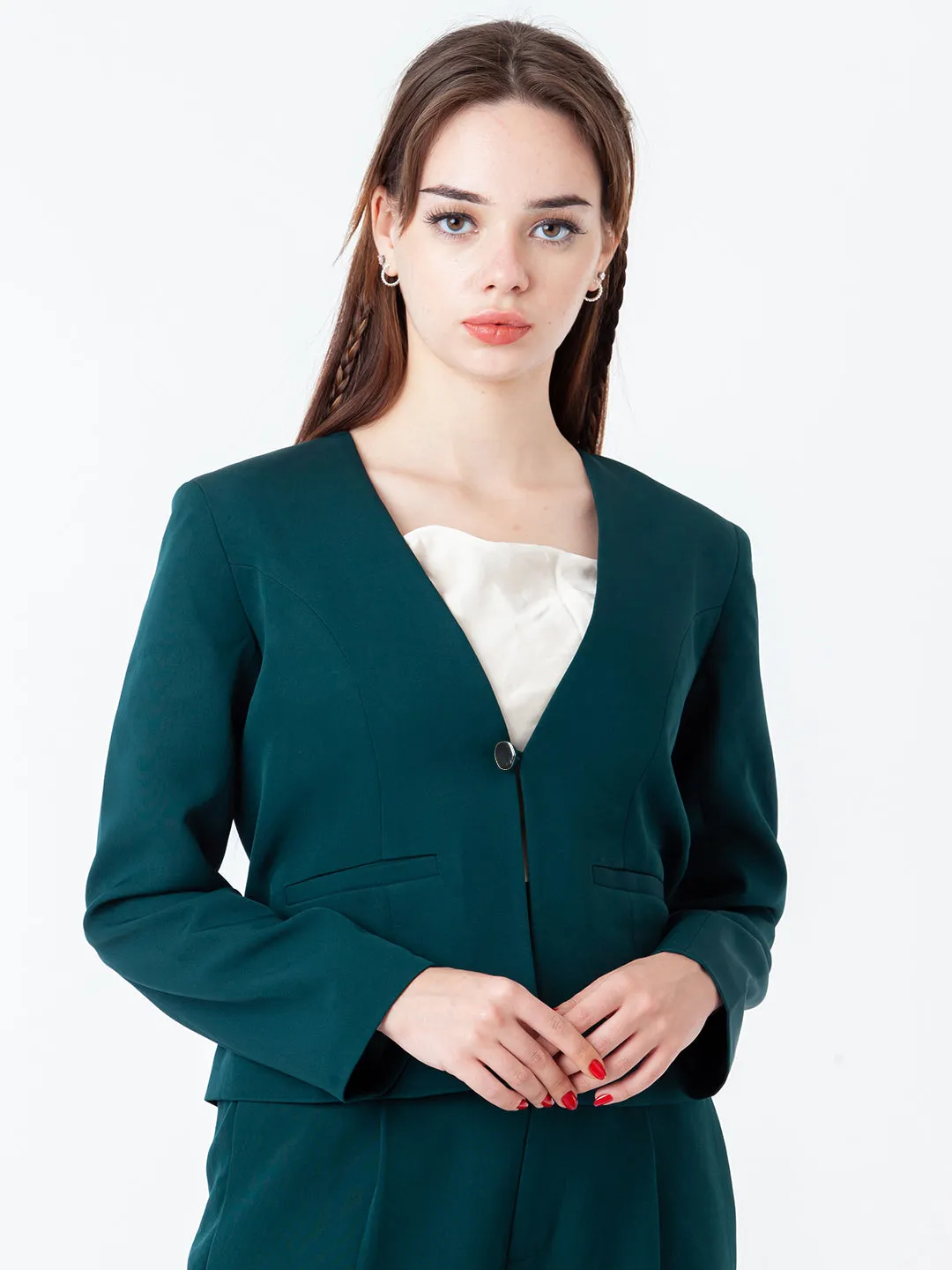 Green Solid Fitted Blazer