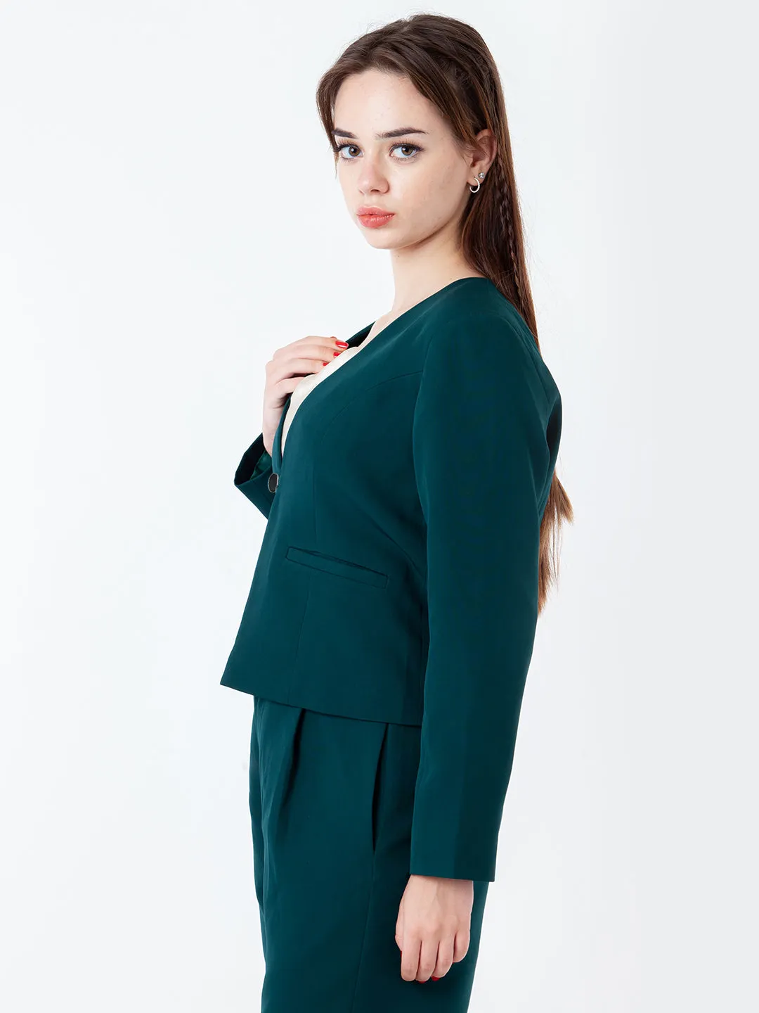 Green Solid Fitted Blazer