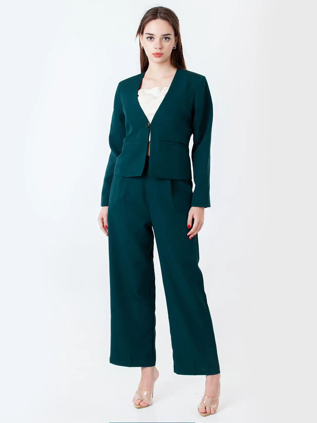Green Solid Fitted Blazer