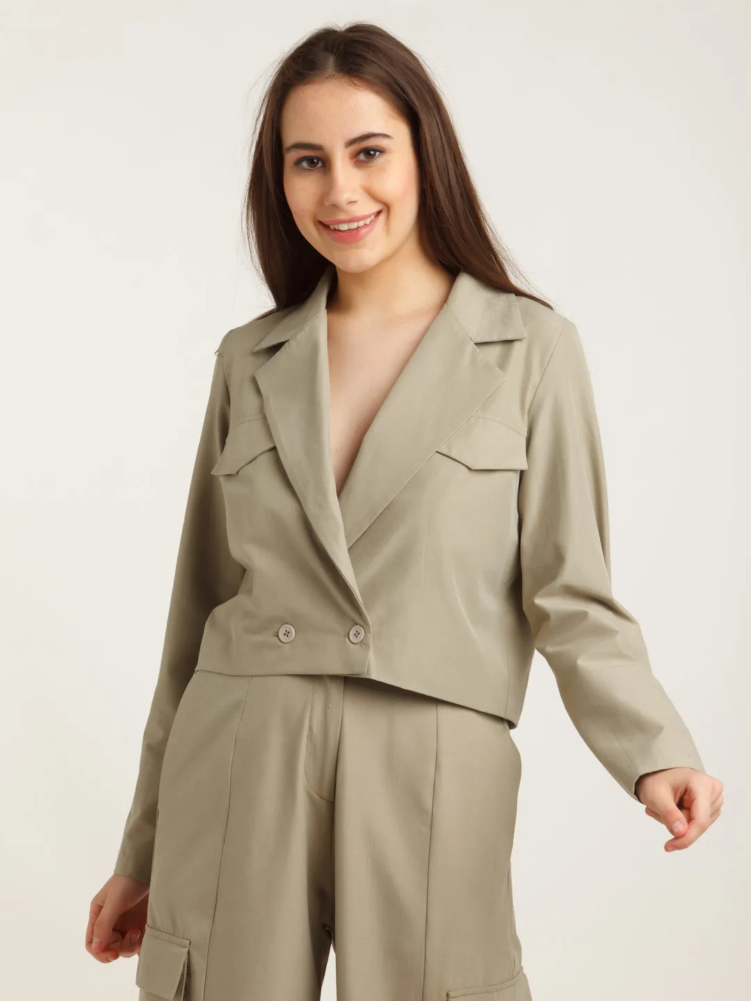 Grey Solid Fitted Blazer