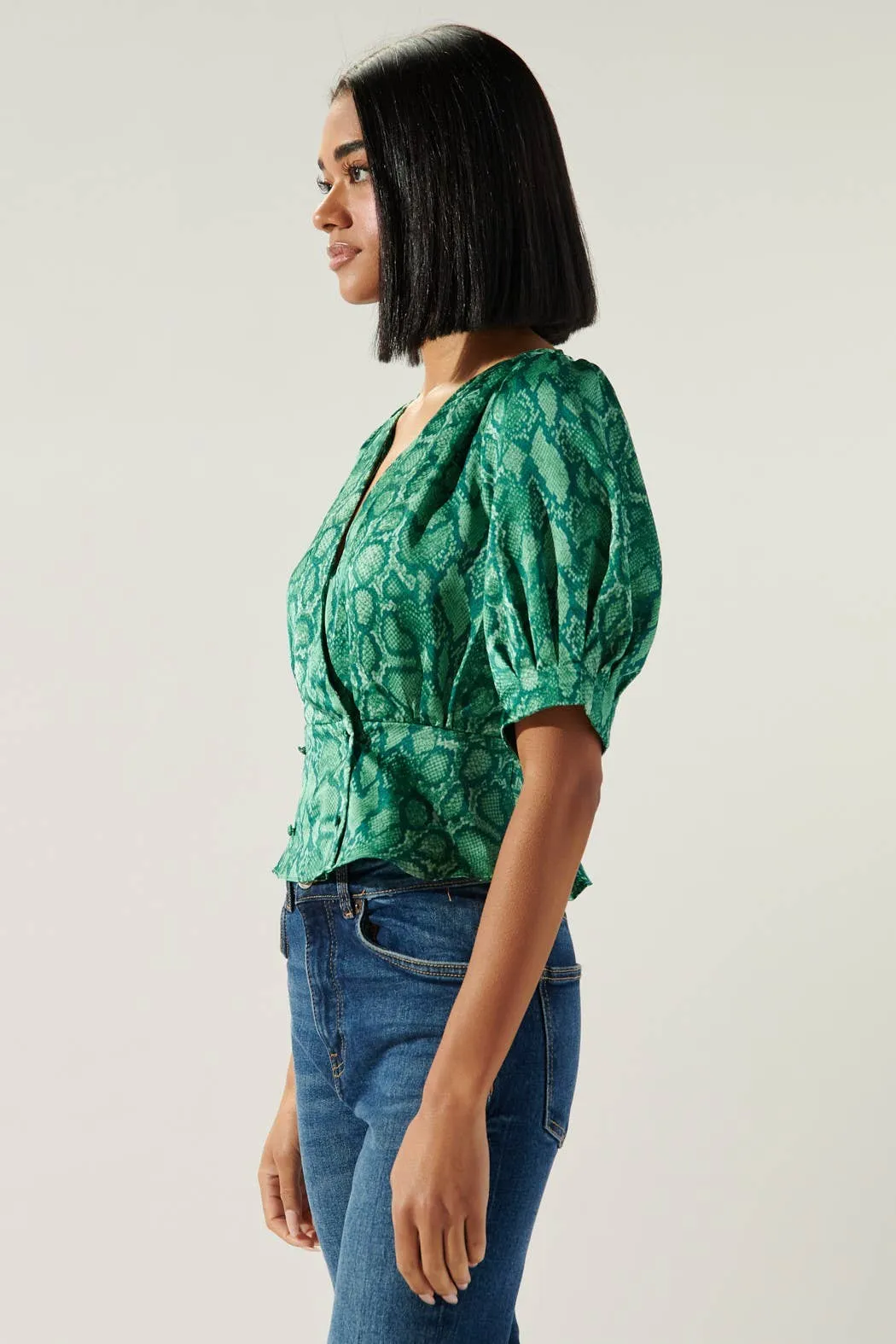 Gwendolyn Snake Print Puff Sleeve Peplum Blouse: GreenMulti