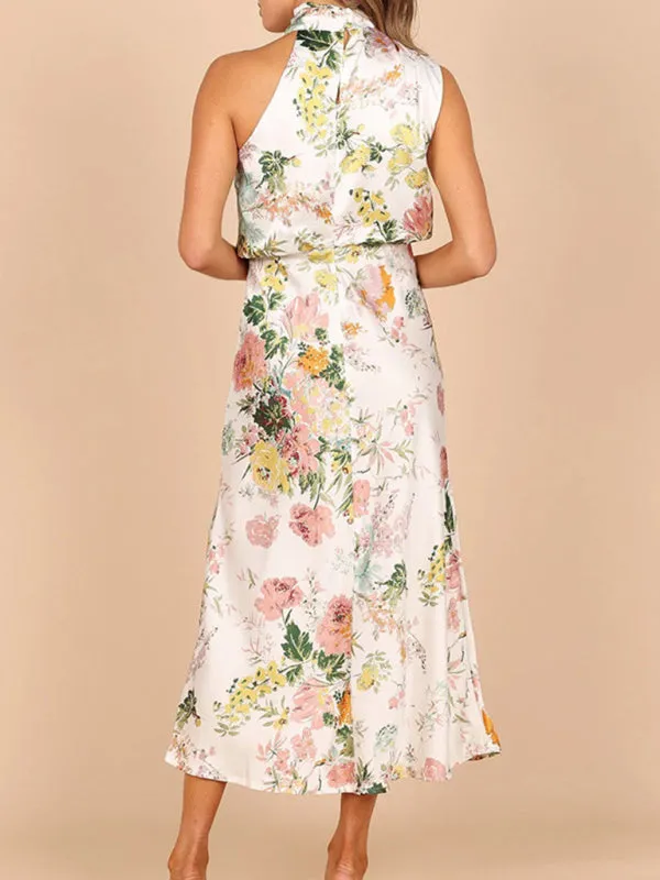 Halter Neck Satin Midi Dress with Floral Print