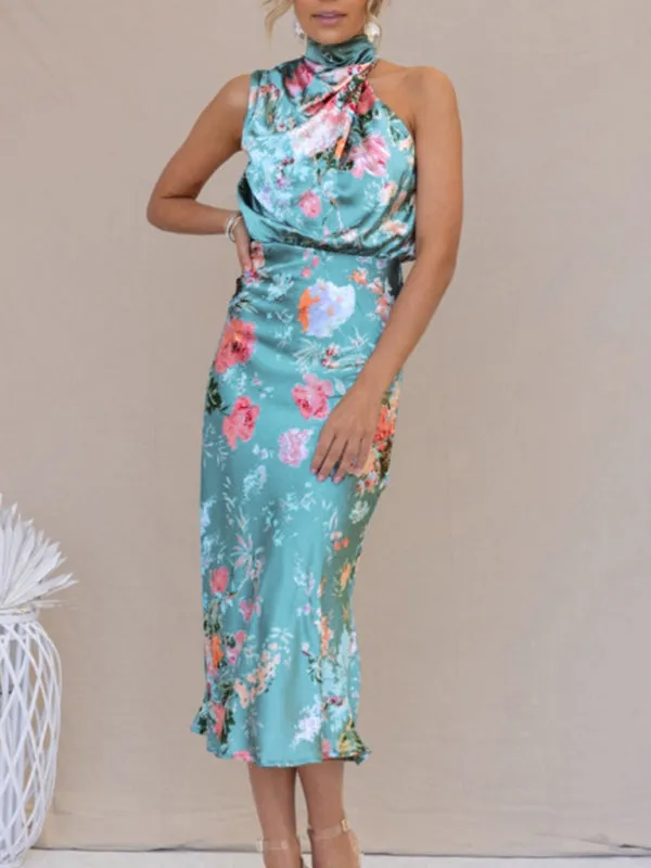 Halter Neck Satin Midi Dress with Floral Print