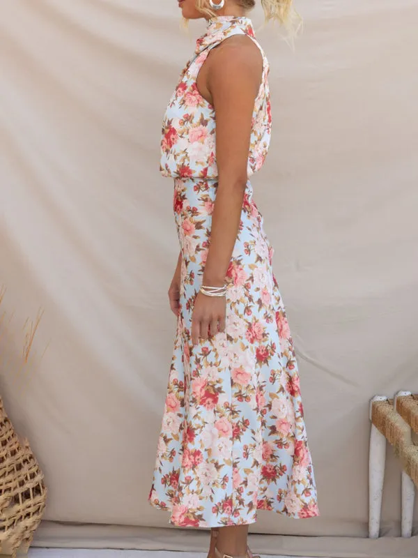Halter Neck Satin Midi Dress with Floral Print