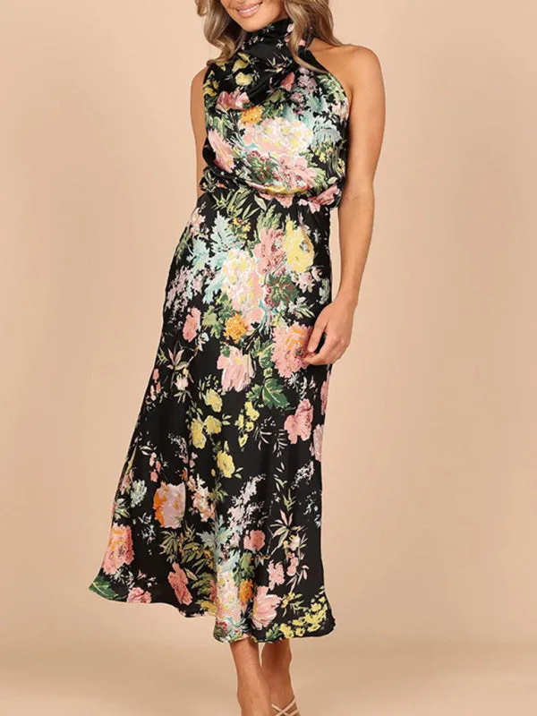 Halter Neck Satin Midi Dress with Floral Print