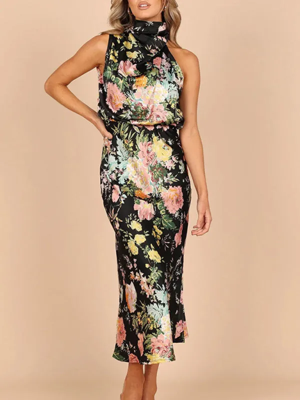 Halter Neck Satin Midi Dress with Floral Print
