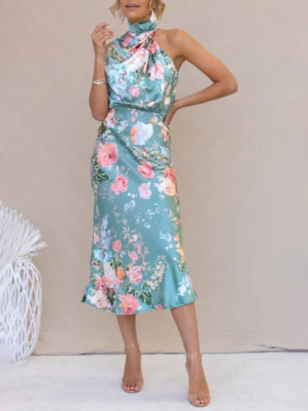 Halter Neck Satin Midi Dress with Floral Print
