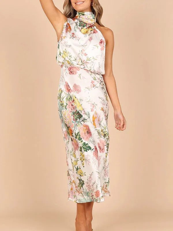 Halter Neck Satin Midi Dress with Floral Print