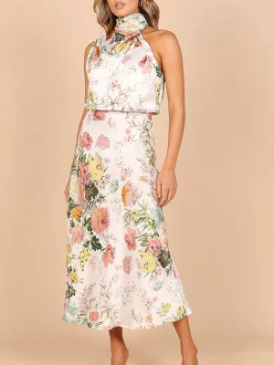 Halter Neck Satin Midi Dress with Floral Print