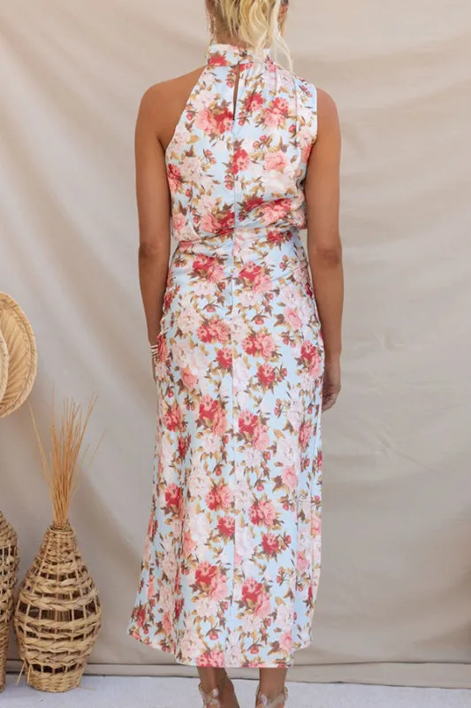 Halter Neck Satin Midi Dress with Floral Print