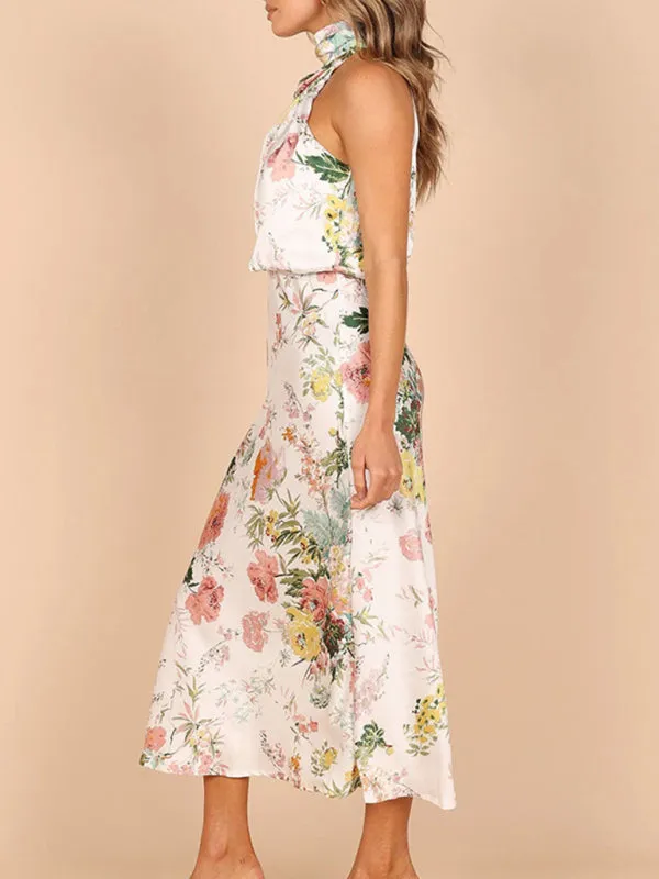 Halter Neck Satin Midi Dress with Floral Print