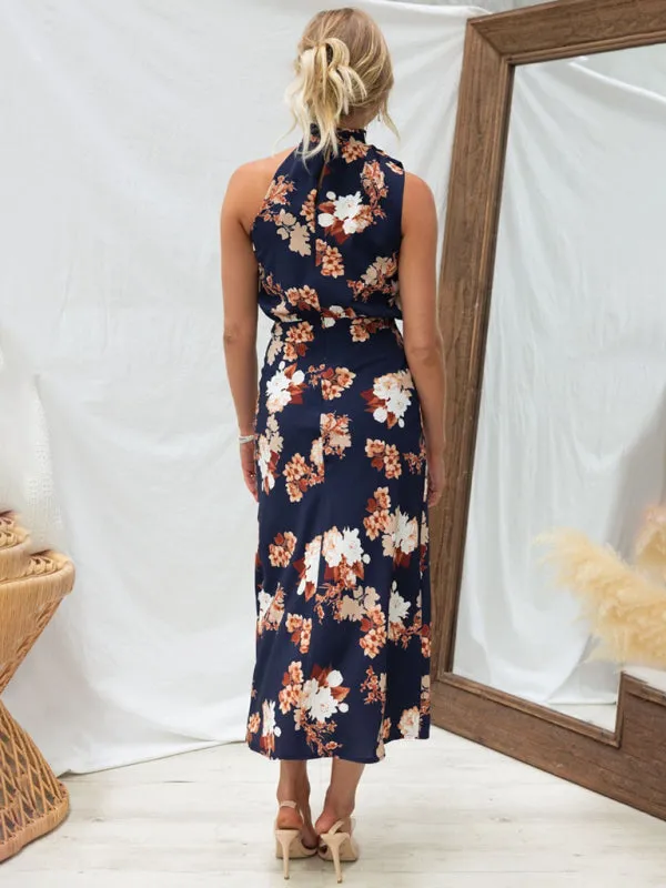 Halter Neck Satin Midi Dress with Floral Print
