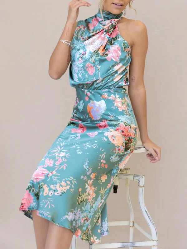 Halter Neck Satin Midi Dress with Floral Print