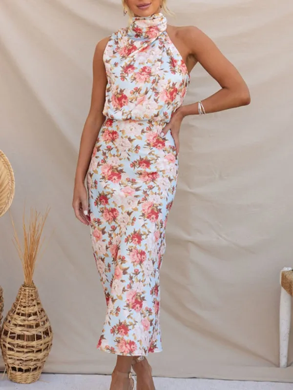 Halter Neck Satin Midi Dress with Floral Print