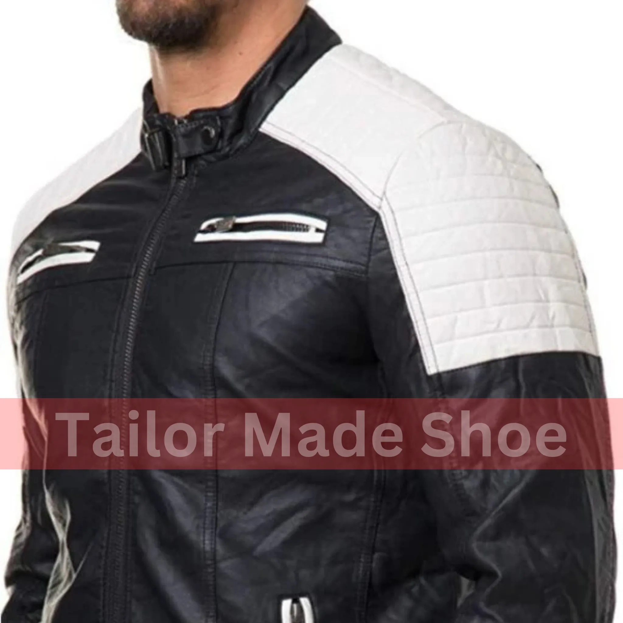Handmade Men's Black and White Slim Fit Biker Jacket, Men Leather Jackets