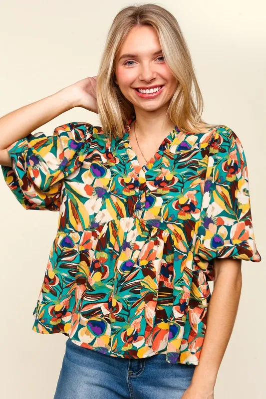 Haptics Frill Floral Puff Sleeve Peplum Blouse