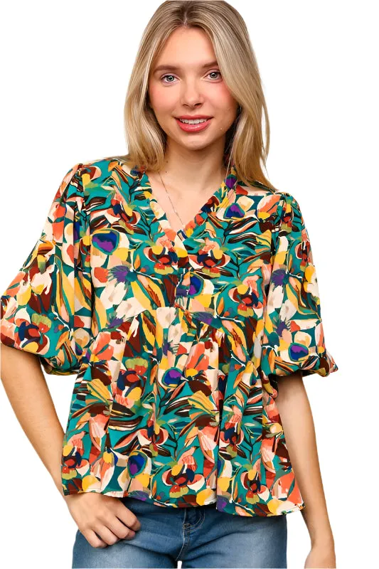 Haptics Frill Floral Puff Sleeve Peplum Blouse