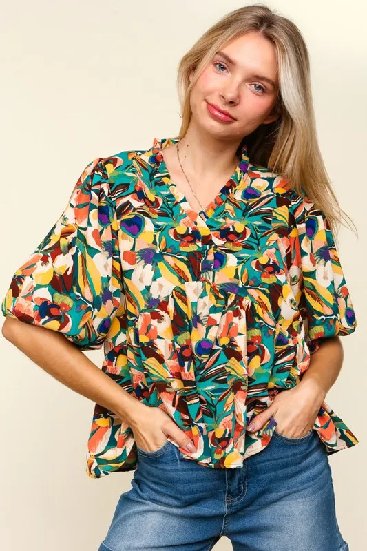 Haptics Frill Floral Puff Sleeve Peplum Blouse