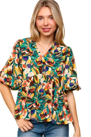 Haptics Frill Floral Puff Sleeve Peplum Blouse