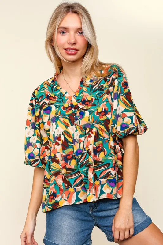 Haptics Frill Floral Puff Sleeve Peplum Blouse