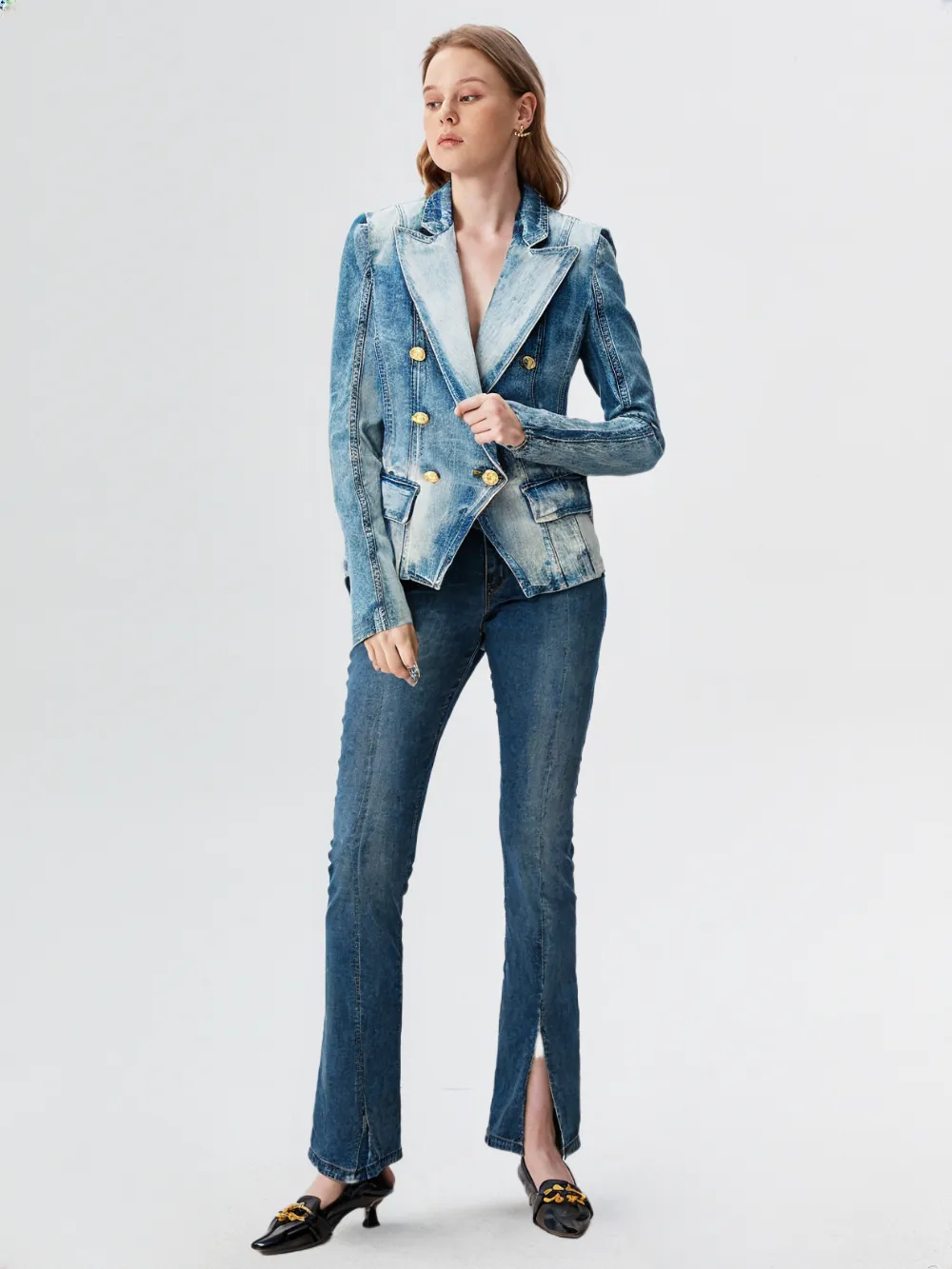 HIGH STREET Newest 2024 Designer Jacket Women'S Slim Fitting Double Breasted Lion Buttons Denim Blazer