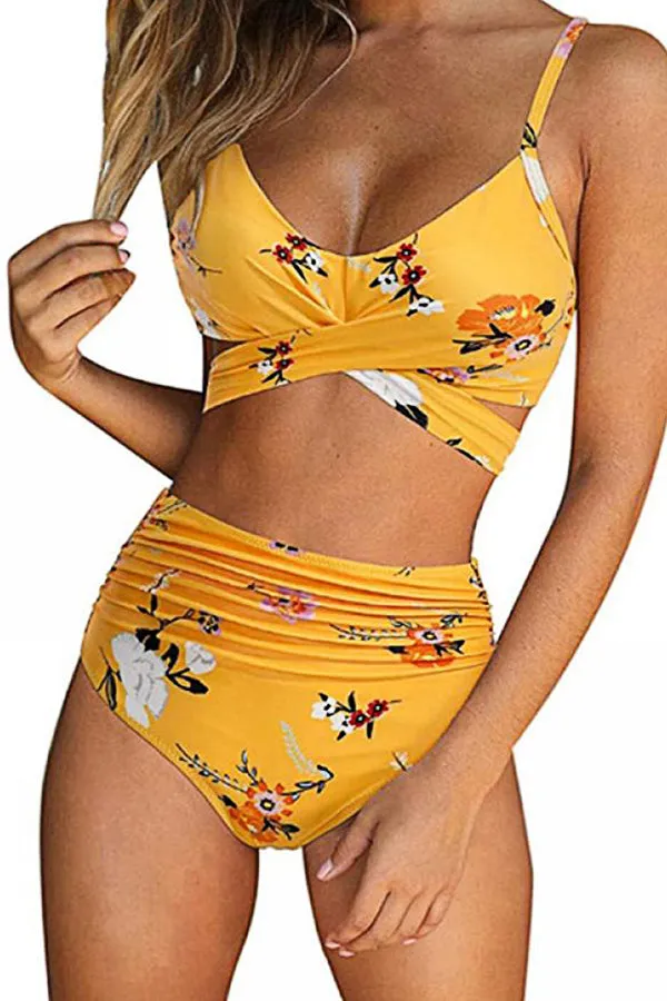 High Waist Printed Split Swimsuit