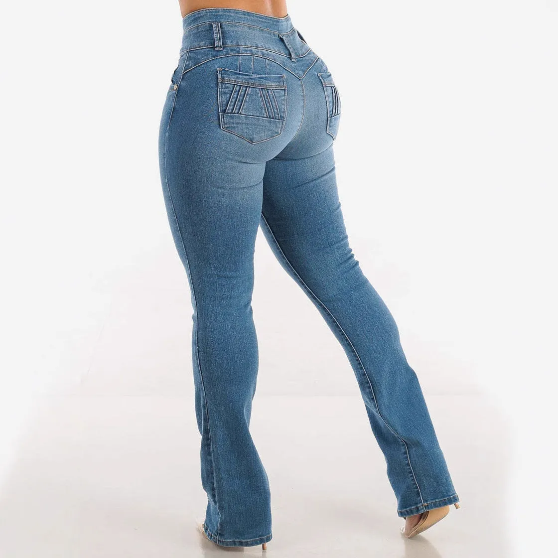 High-Waisted Stretchy Denim Jeans with Flared Silhouette