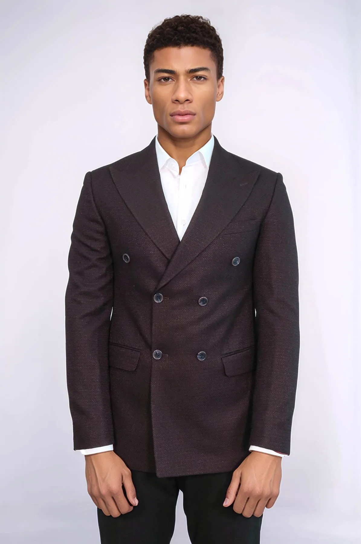 Houndstooth Patterned Burgundy Men Double Breasted Blazer - Wessi