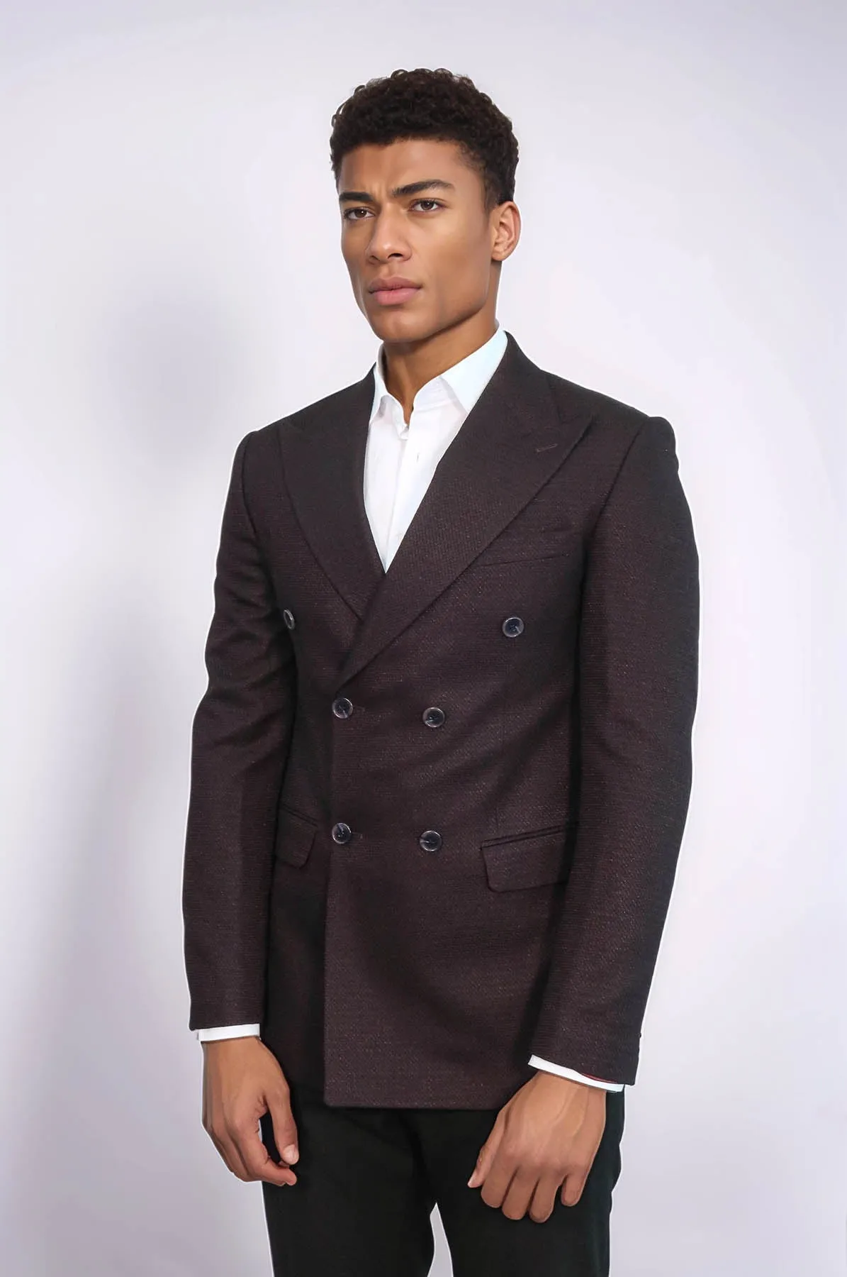 Houndstooth Patterned Burgundy Men Double Breasted Blazer - Wessi
