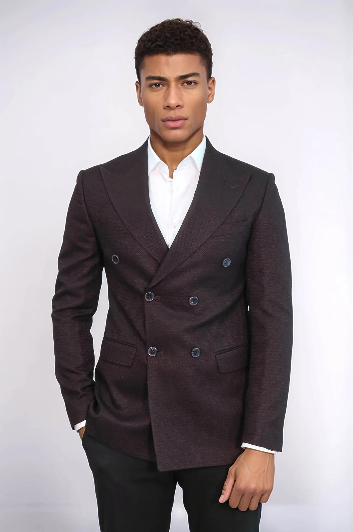 Houndstooth Patterned Burgundy Men Double Breasted Blazer - Wessi