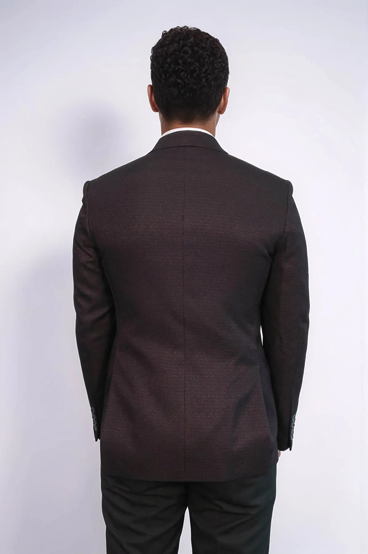 Houndstooth Patterned Burgundy Men Double Breasted Blazer - Wessi