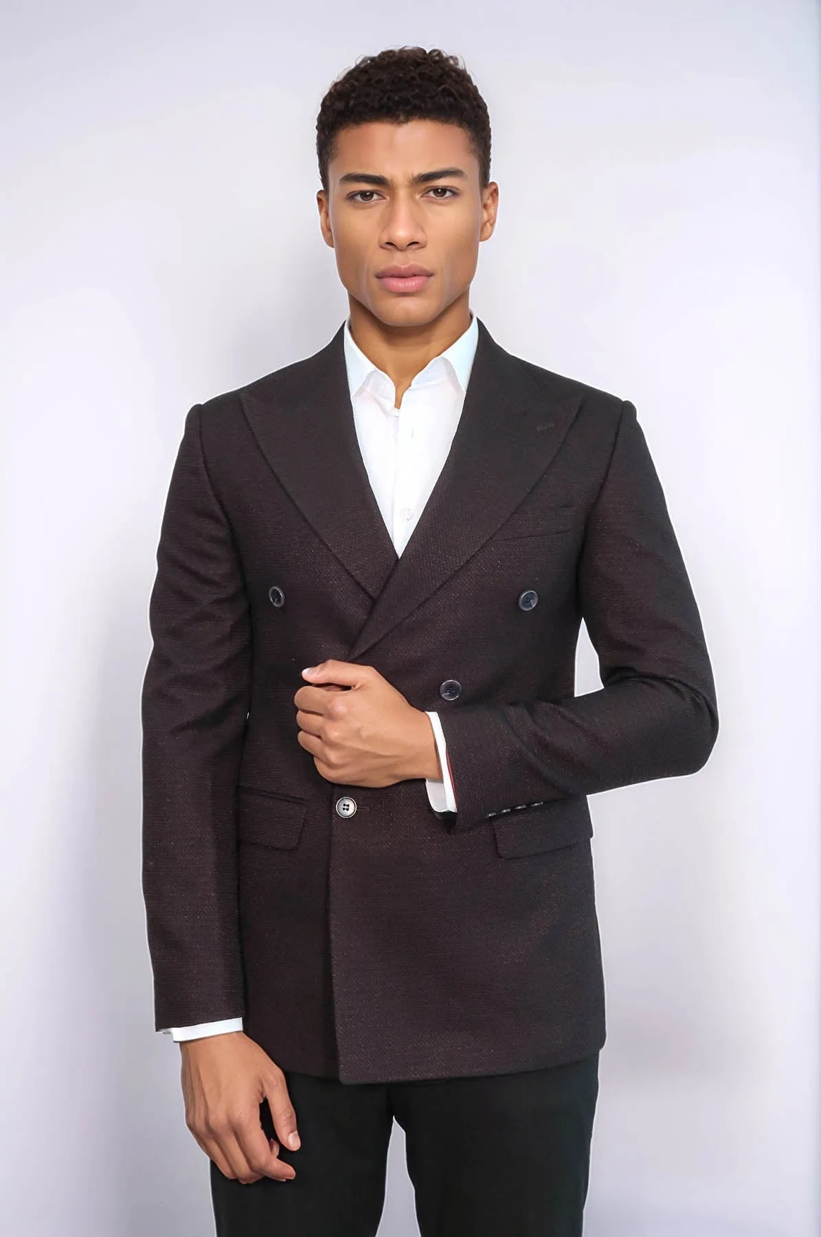 Houndstooth Patterned Burgundy Men Double Breasted Blazer - Wessi
