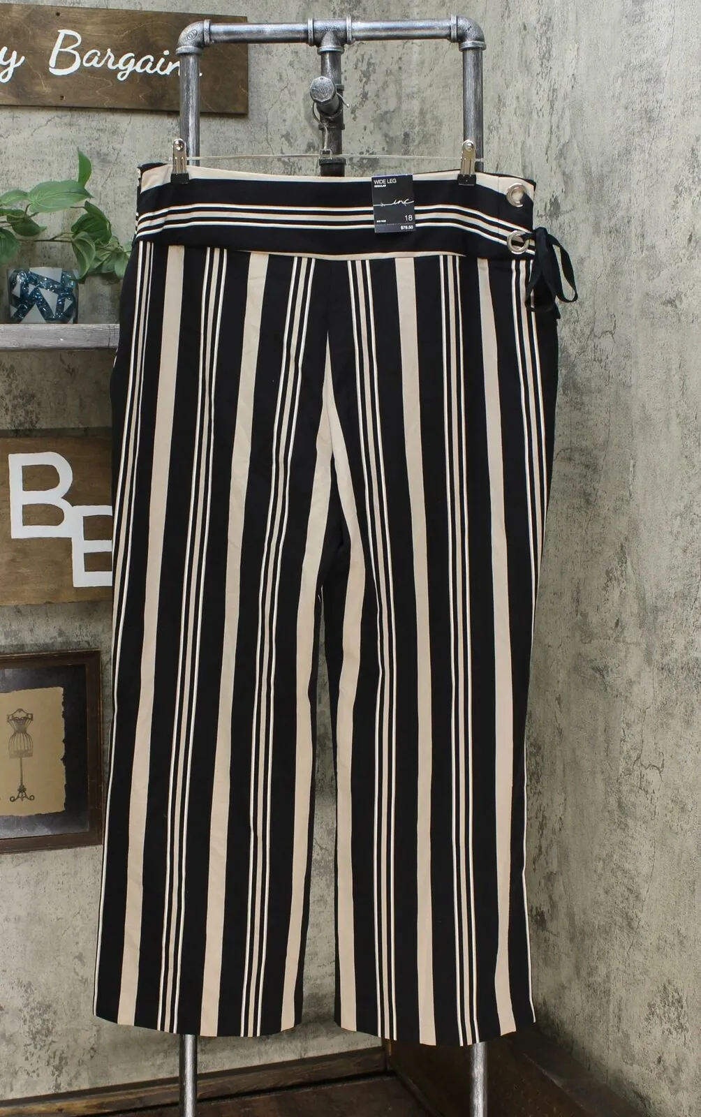 INC International Concepts Women's Striped Grommet Lace Up Slit Wide Leg Pants