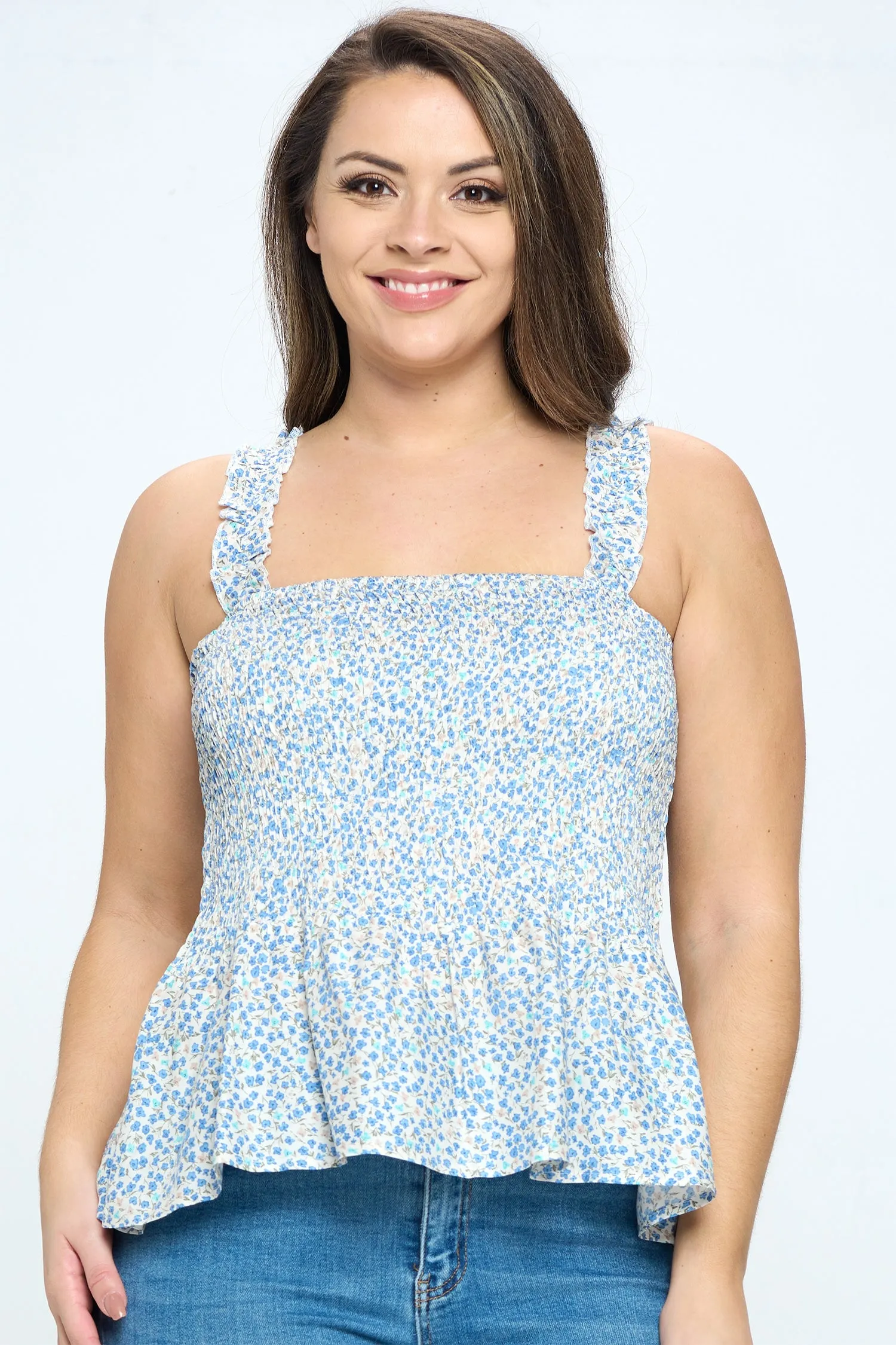 IT5082-PLUS | Tops | Junior Plus Floral Smocked Peplum Top