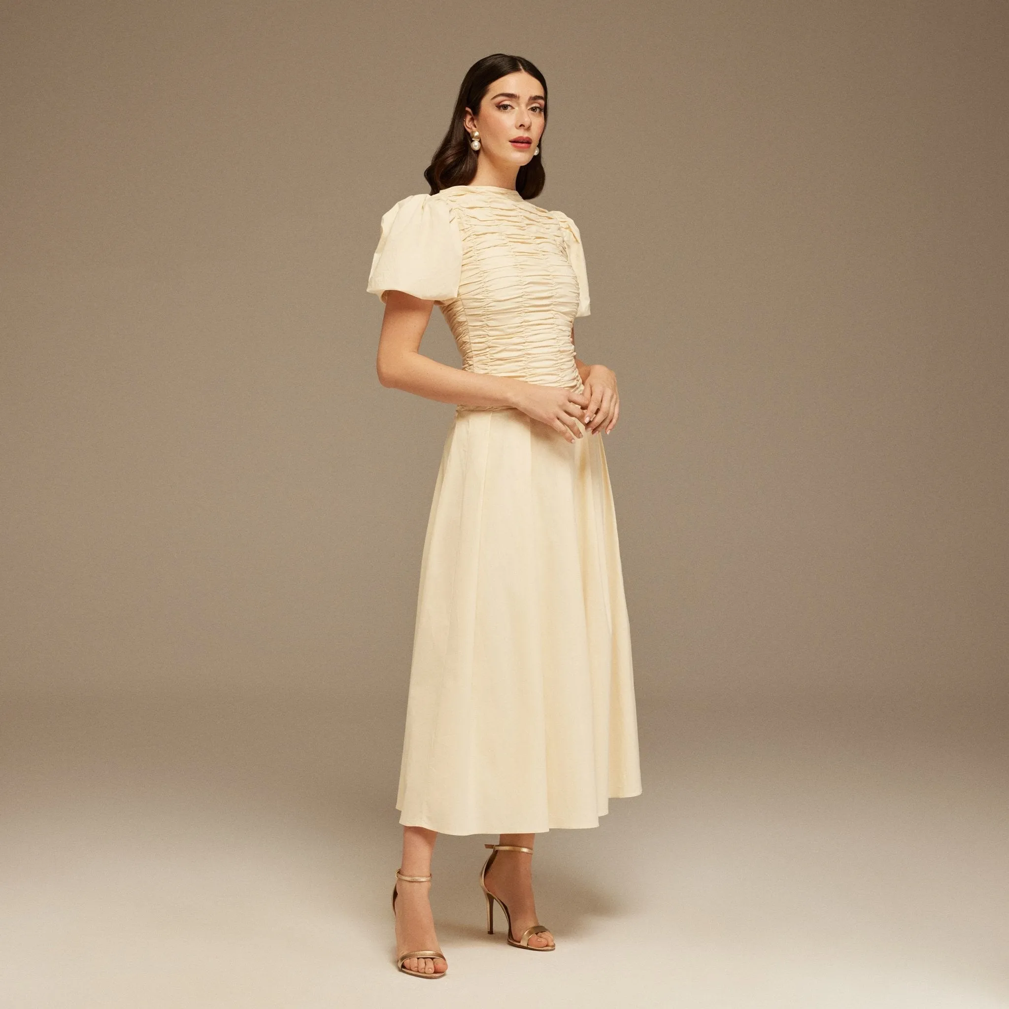 Ivory Draped Top Short Sleeve Midi Dress