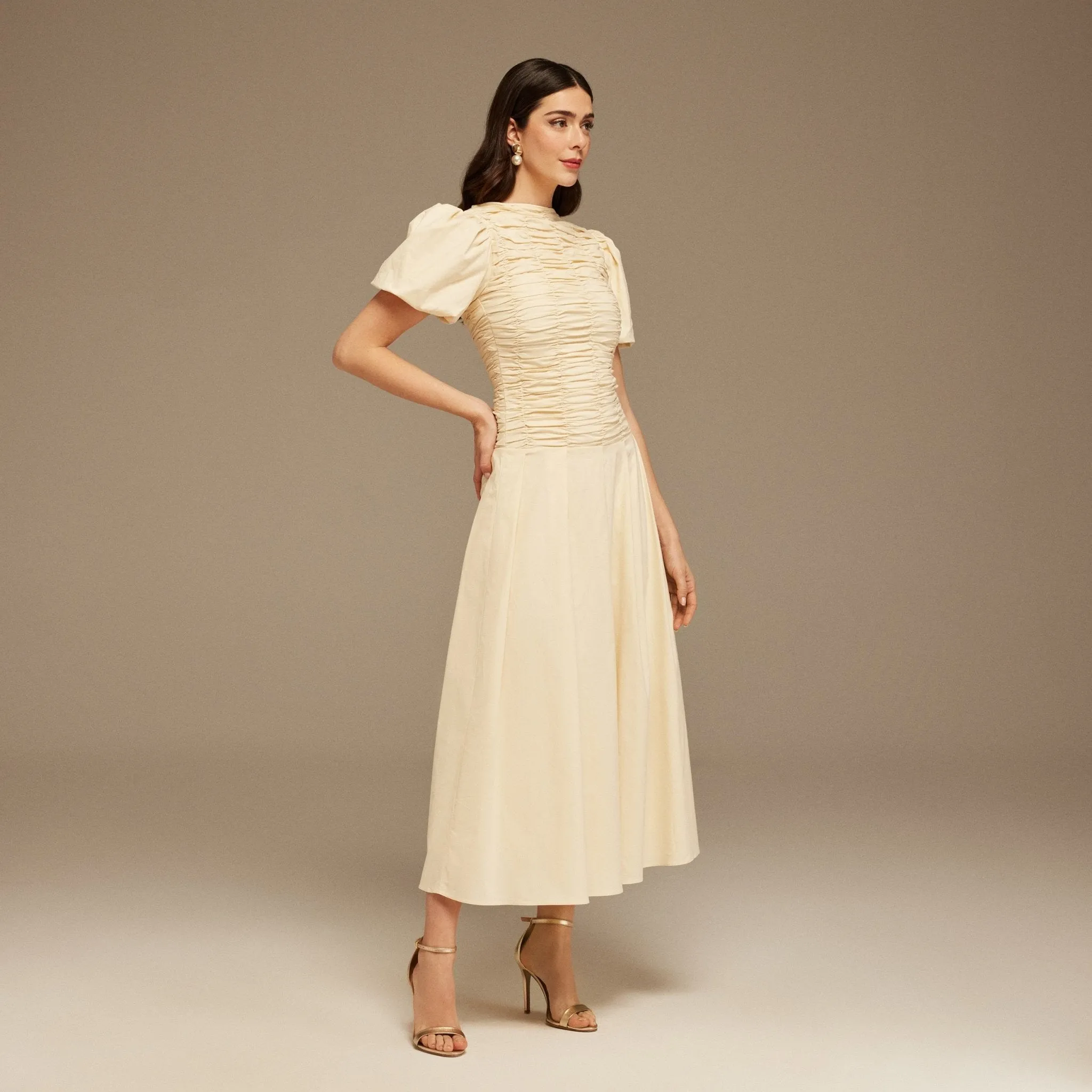 Ivory Draped Top Short Sleeve Midi Dress