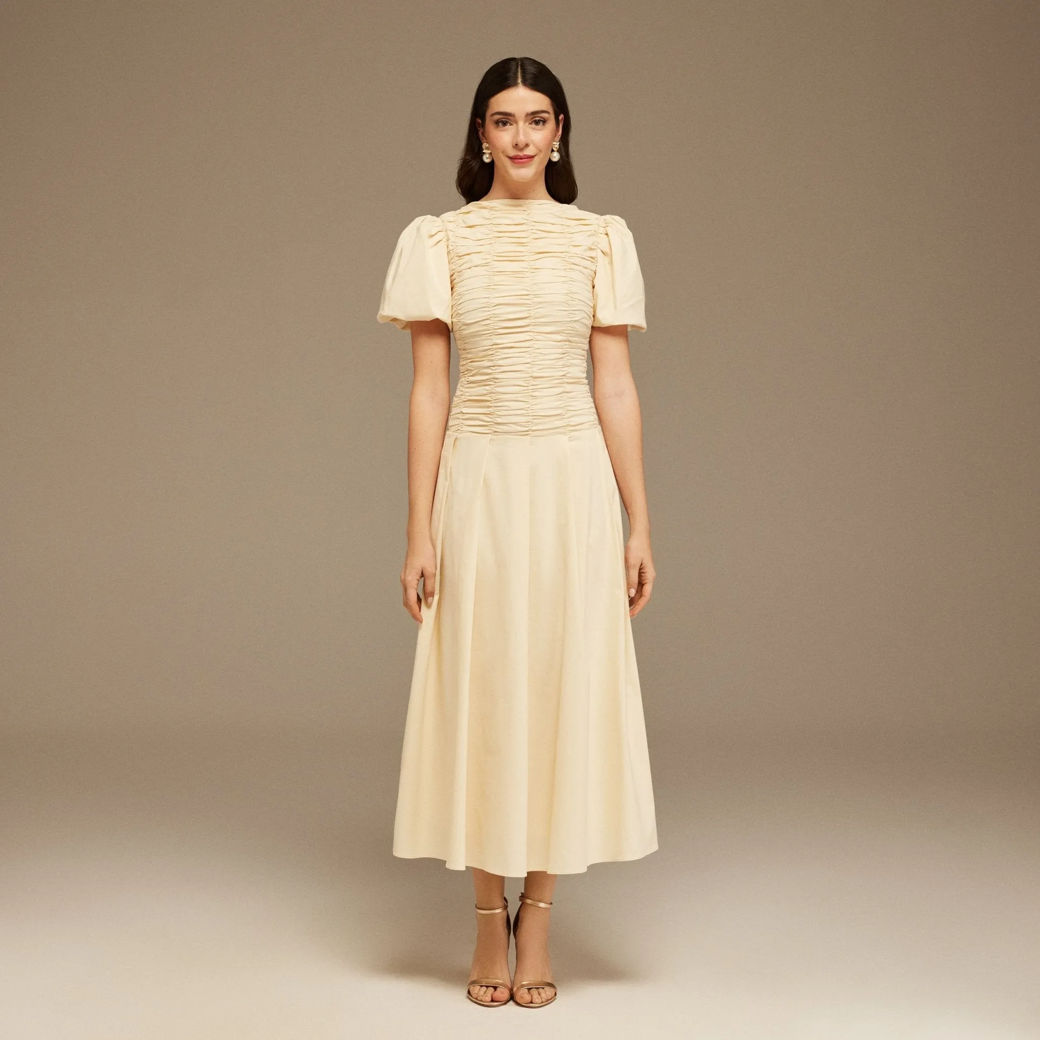 Ivory Draped Top Short Sleeve Midi Dress
