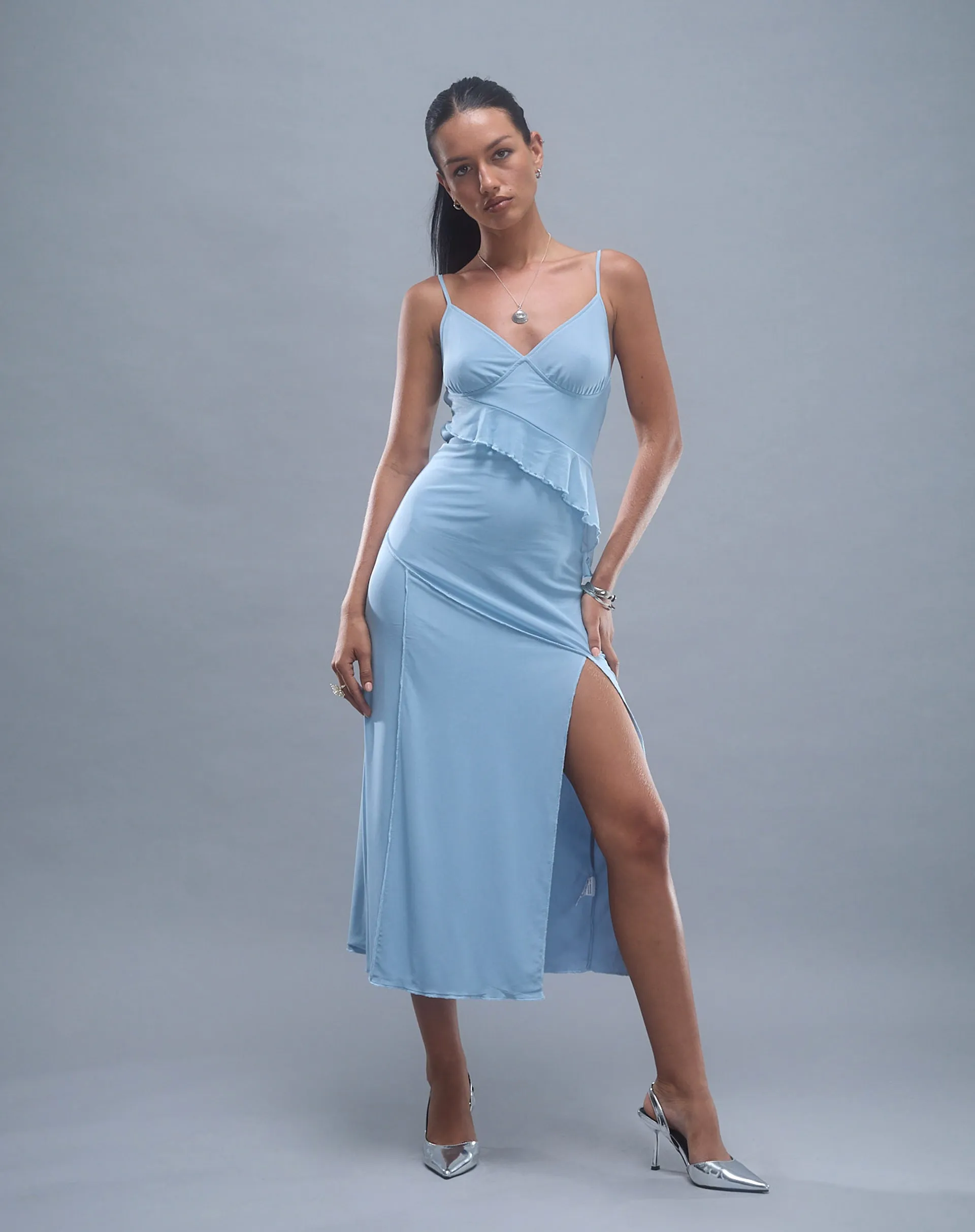 Jacy Ruffle Midi Dress in Mesh Blue